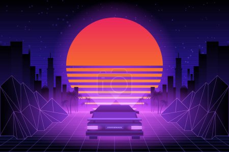 Illustration for 80s Retro Sci-Fi Background. Vector retro futuristic synth retro wave illustration in 1980s posters style. Suitable for any print design in 80s style. - Royalty Free Image