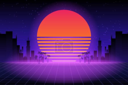 Illustration for Retro future 80s style sci-fi wallpaper. Futuristic night city. Cityscape on a dark background with bright and glowing neon purple and blue lights. Cyberpunk and retro wave style vector illustration. - Royalty Free Image