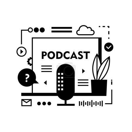 Illustration for Podcast recording and listening, broadcasting, online radio, audio streaming service Concept. Headphones, microphone, laptop, equalizer, speech bubbles. Podcast icon concept. - Royalty Free Image