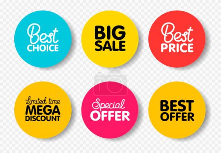 Illustration for Set labels with inscription sale. Vector flat illustrations. Ad or promo. Shopping concept. Promotion price label mega sale, shop now, special discount, big sale, limited time only, last chance. - Royalty Free Image