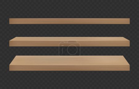 Illustration for Realistic empty wooden store shelves set. Product shelf with wood texture. Grocery wall rack. Vector illustration. - Royalty Free Image