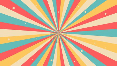 Illustration for Groovy retro swirl burst, summer and carnival background. Retro background with color sunburst or starburst. Pattern with vintage color palette, swirl stripes. - Royalty Free Image