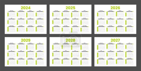 Illustration for Set of calendars for 2024, 2025, 2026, 2027, 2028 and 2029. Minimalist style calendar. Week starts from Sunday - Royalty Free Image