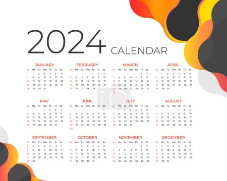 Téléchargez les illustrations : Modèle moderne de conception de calendrier 2024 nouvelle année. Calendrier de style minimaliste. La semaine commence le dimanche - en licence libre de droit