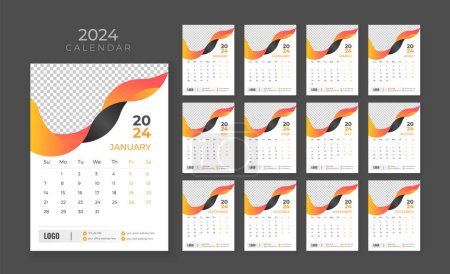Illustration for Vector wall calendar 2024, Wall calendar 2024, Corporate and business planner template in English, Week start Sunday, Wall calendar in a minimalist style - Royalty Free Image