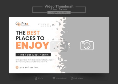 Illustration for Travel agency web banner or video thumbnail template design. Travelling business promotion video thumbnail or web banner. - Royalty Free Image