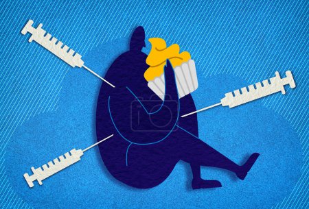 Foto de Concepto de resistencia a la insulina - Persona con sobrepeso comiendo un panecillo y rodeada de jeringas - Ilustración conceptual - Imagen libre de derechos