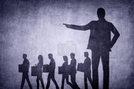Photo for Mass Layoffs by Corporations - Tyrannical Bosses and Managers - Conceptual Illustration with Shadowy Boss Silhouette Firing Several Employees - Royalty Free Image