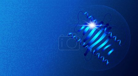 Proteomics and Functional Genomics - Die groß angelegte Studie von Proteinen in lebenden Organismen - Ein Protein isoliert auf blauem Tech-Hintergrund - Konzeptuelle Illustration mit Kopierraum