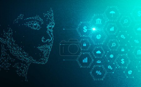 Téléchargez les photos : Intelligence artificielle et apprentissage automatique dans la finance et les marchés financiers - Technologies innovantes pour évaluer les risques et les rendements financiers sur la base de l'IA et du Big Data - Illustration conceptuelle - en image libre de droit