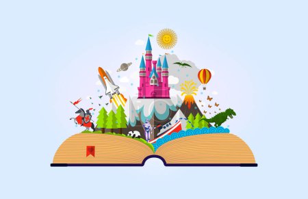 Foto de Creatividad e imaginación en la niñez - Libro abierto vibrante con elementos imaginarios que simbolizan el poder de la lectura y la creatividad durante la niñez - Ilustración conceptual - Imagen libre de derechos