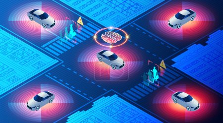 KI für selbstfahrende oder autonome Fahrzeuge - KI für die komplexen Mechanismen und Sicherheitsmerkmale selbstfahrender Autos - 3D-Illustration
