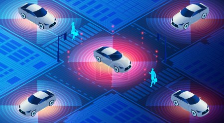 Autos autónomos y asistencia avanzada al conductor - Vehículos capaces de detectar su entorno y operar sin insumos humanos - Ilustración conceptual