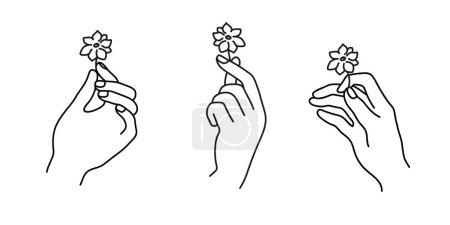 Ilustración de Mujeres mano sosteniendo diminutas flores diferentes gestos. Ilustración de vectores de contorno, colección de dibujo de línea. - Imagen libre de derechos