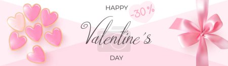 Téléchargez les illustrations : Bannière promotionnelle avec biscuits en forme de coeur et noeud cadeau rose pour la Saint-Valentin - en licence libre de droit