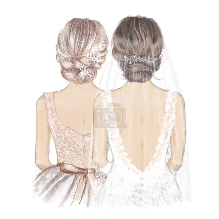 Bride in Veil and blonde Bridesmaid. Hand drawn Illustration.
