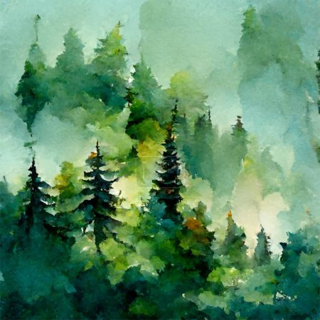 Foto de Bosque verde de coníferas en las montañas, acuarela ilustración. - Imagen libre de derechos