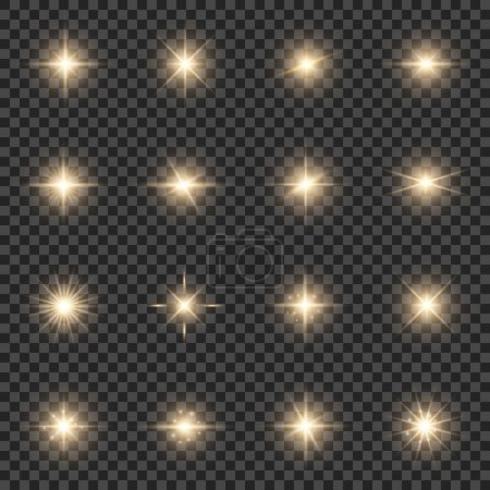 Set of realistic golden burst lights, bright stars, sparkles. Vector illustration on a transparent background.