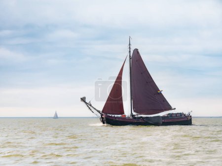 Photo for IJSSELMEER, NETHERLANDS - SEP 19, 2021: Traditional sail barge, tjalk, sailing with brown sails on lake - Royalty Free Image