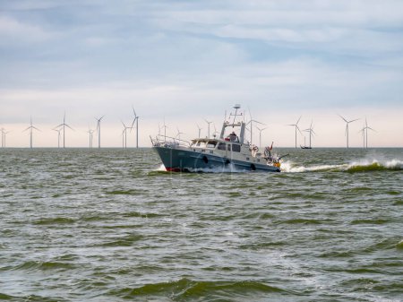 Photo for IJSSELMEER, NETHERLANDS - SEP 19, 2021: Motor boat cruising on IJsselmeer lake near wind park Fryslan - Royalty Free Image