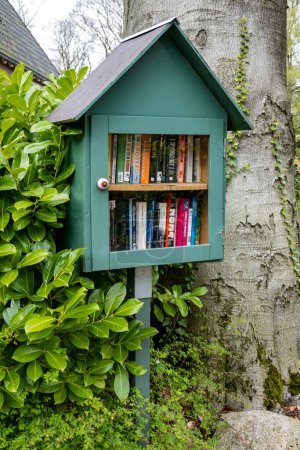 Photo for Little free library with two rows of books in a small green wooden house along the street, Hilversum, Netherlands - Royalty Free Image