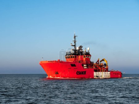 Photo for Esbjerg, Denmark - Sep 6, 2023: Offshore standby safety vessel on North Sea en route to Esbjerg harbour, Jutland - Royalty Free Image