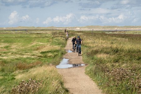 Photo for Amrum, Germany - Aug 26, 2023: People cycling on bicycle path through salt marshes of Amrum island, North Frisia, Schleswig-Holstein - Royalty Free Image