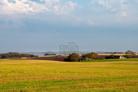 Vistas panorámicas del campo de tierras de cultivo y pastos en la isla de piel con vistas a Limfjord, Midtjylland, Dinamarca