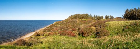 Autumn view of west coast cliffs, coastline and covered hills on Livo island, Limfjord, Nordjylland, Denmark