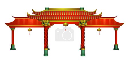 Porte rouge chinoise et piliers avec décoration dorée.