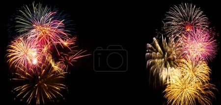 Bright and colorful fireworks on black background. Background for birthday celebrations, big events and parties