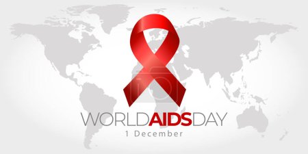 Illustration for Vector in rectangular format of a red ribbon, symbol of world aids day on the world map. december 1st hiv day. Support for HIV positive people - Royalty Free Image