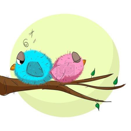 Ilustración de Nice vector illustration of two angry little birds on a tree branch with a big moon in the background - Imagen libre de derechos