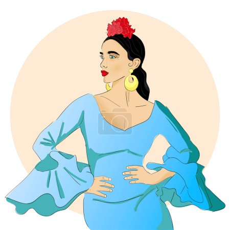 Illustration for Vector illustration of an Andalusian woman dressed in traditional flamenco dress. Beautiful Spanish woman wearing Andalusian costume to go to "feria de abril" - Royalty Free Image