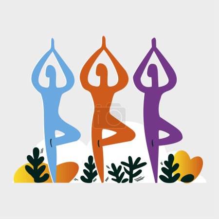Illustration for Abstract drawing with flat design of three people performing yoga and stretching exercises outdoors. - Royalty Free Image