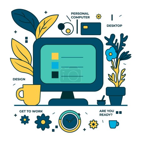 Illustration for Set of retro flat icons related to work activities. Cool illustration of a laptop, clocks, plants, flowers and coffee for everyday life - Royalty Free Image