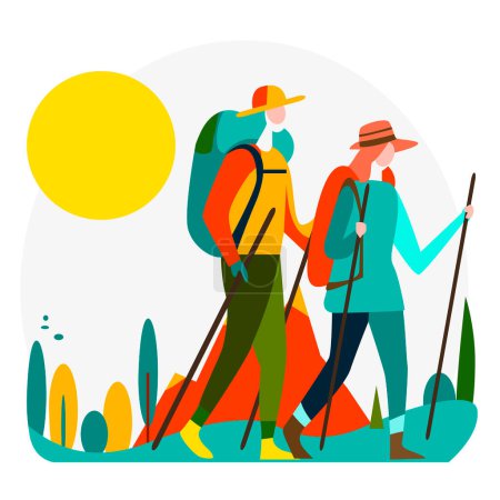Ilustración de Hermosa y colorida ilustración abstracta de excursionistas caminando a lo largo de un sendero forestal. La actividad y el ejercicio al aire libre saludables mejoran la salud física y mental - Imagen libre de derechos