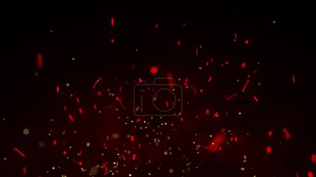 Foto de Chispas voladoras ardientes dinámicas sobre fondo oscuro. Flujo de partícula roja ardiente. Renderizado 3D. - Imagen libre de derechos