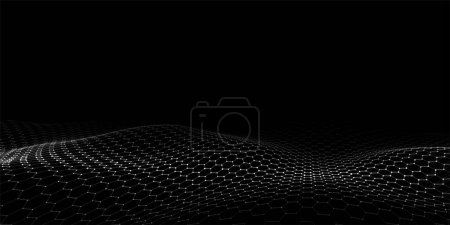 Illustration for Futuristic hexagon dynamic wave on black background. Futuristic honeycomb concept. Digital technology webflow. Big data visualization. Vector illustration. - Royalty Free Image