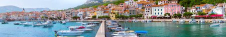 Photo for Baska. Krk island. Croatia - JUNE 22, 2016: Wonderful summer panoramic landscape coastline Adriatic sea. Boats and yachts in crystal clear turquoise water. Harbor in old city. - Royalty Free Image