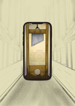 Téléchargez les photos : Phone on the street. Get hanged. Guillotine. Guillotine used in the late 1700s for get hanged. Cell phone addiction. Digital drawing. Executioner in the Middle Ages. - en image libre de droit