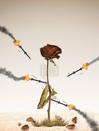 Photo for Missiles are aimed at the stem of the rose. Damages to nature. Abstract depiction of war. Genocide. War of mass destruction. War crimes. Guilty of humanity. Massacre. Photo manipulation. - Royalty Free Image