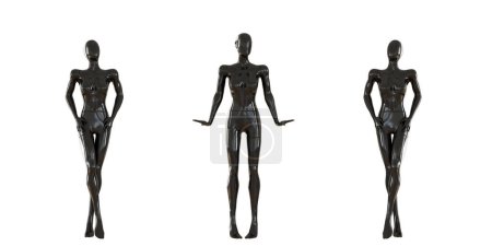 Téléchargez les photos : Trois mannequins noirs féminins brillants. Mannequin féminin sans visage. Vue de face. Rendu 3d. - en image libre de droit