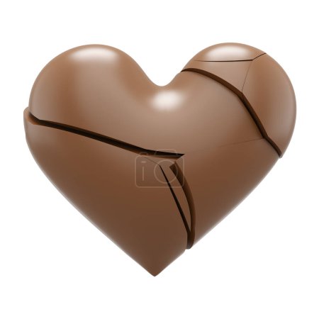 Gebrochenes Herz aus Vollmilchschokolade auf weißem Hintergrund. 3D-Darstellung.