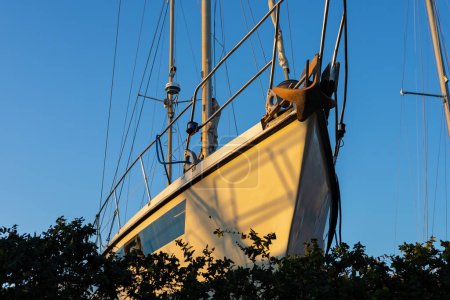 Docked sailboat basking in evening light