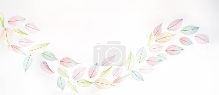 Photo for Decorative pattern made of multicolor, transparent leaves skeletons with beautiful texture on the white. Pastel color leaves wide banner background. Selective focus. copy space. Fall, autumn concept. - Royalty Free Image