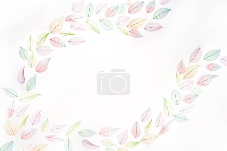 Photo for Decorative Frame made of multicolor, transparent leaves skeletons with a beautiful texture on the white. Pastel color leaves background texture. Selective focus. copy space. Fall, autumn concept. - Royalty Free Image