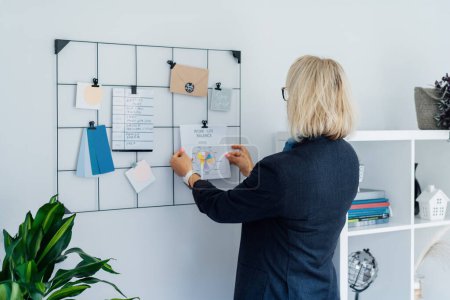 Photo for Back view middle aged businesswoman pinning work-life balance wheel diagram on grid mood board on her work space. Finding Balance in Your Life. Life planning. Coaching tools. Selective focus - Royalty Free Image