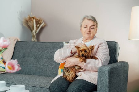 Elderly retired senior woman with wrinkles smiling while embracing her Yorkshire terriers dog pet and relaxing with pet on sofa at home. Best friend. Enjoying retirement lifestyle