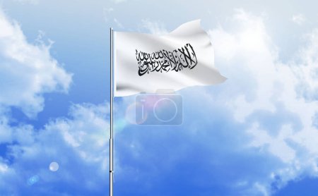 The flag of Afghanistan waving on the shiny blue sky